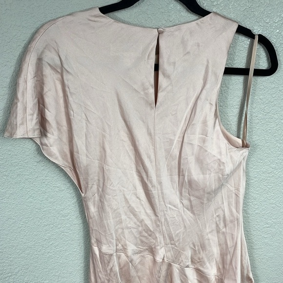 NWT Luxely Asymmetric Satin Maxi Dress Ruffle Sleeve Gathered Waist Blush Sz 8 - Picture 6 of 14